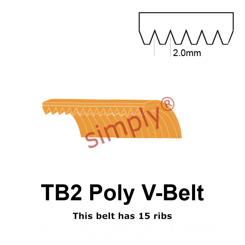 TB2-390 Megadyne Megarib Polyurethane Poly V-Belt 390mm/15.4 inch Length - 15 Ribs - Allow 2-3 Days