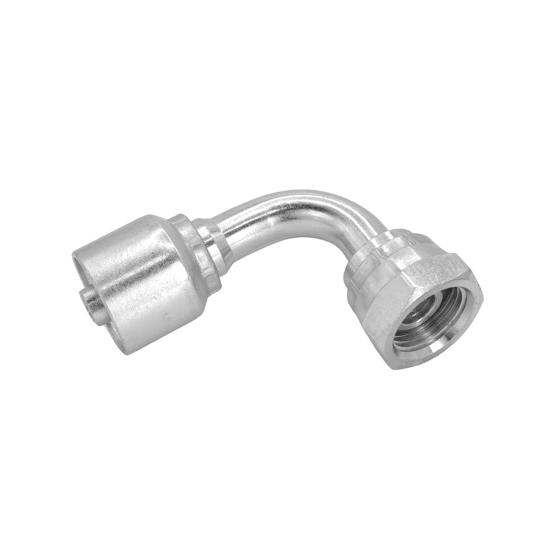 FLEXEQUIP 3/8 inch BSP Female One Piece Hose Fitting with 90 Degree Angle 60 Degree Cone and 22mm Crimp Nut - Allow 2-3 Days