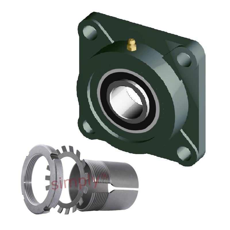 NTN UKF309D1/HA2309 Imperial Four Bolt Square Cast Iron Housing Insert and Adaptor Sleeve Fits 1-7/16 inch Shaft - Allow 2-3 Days