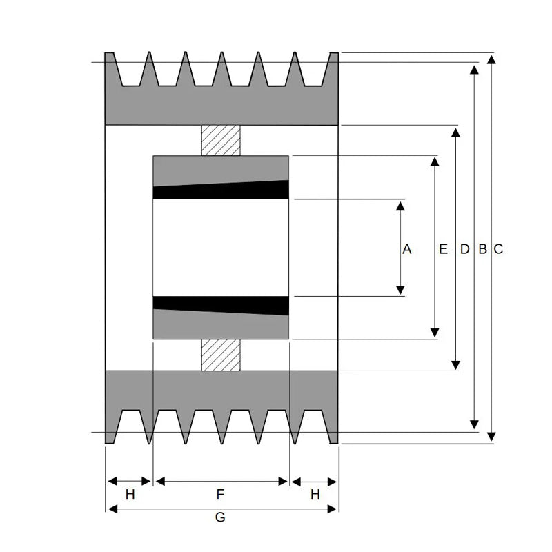 355X6SPZ 355mm Pitch Diameter SPZ Section Tapered Locking Bush Type Pulley with 6 Grooves (Bush not Incl.)